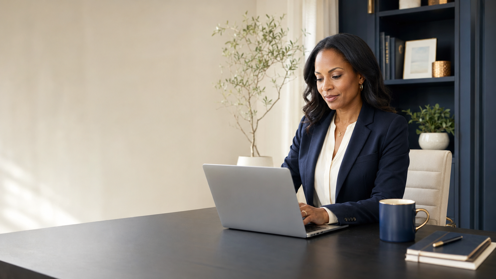 A professional Black woman working confidently from a polished home office