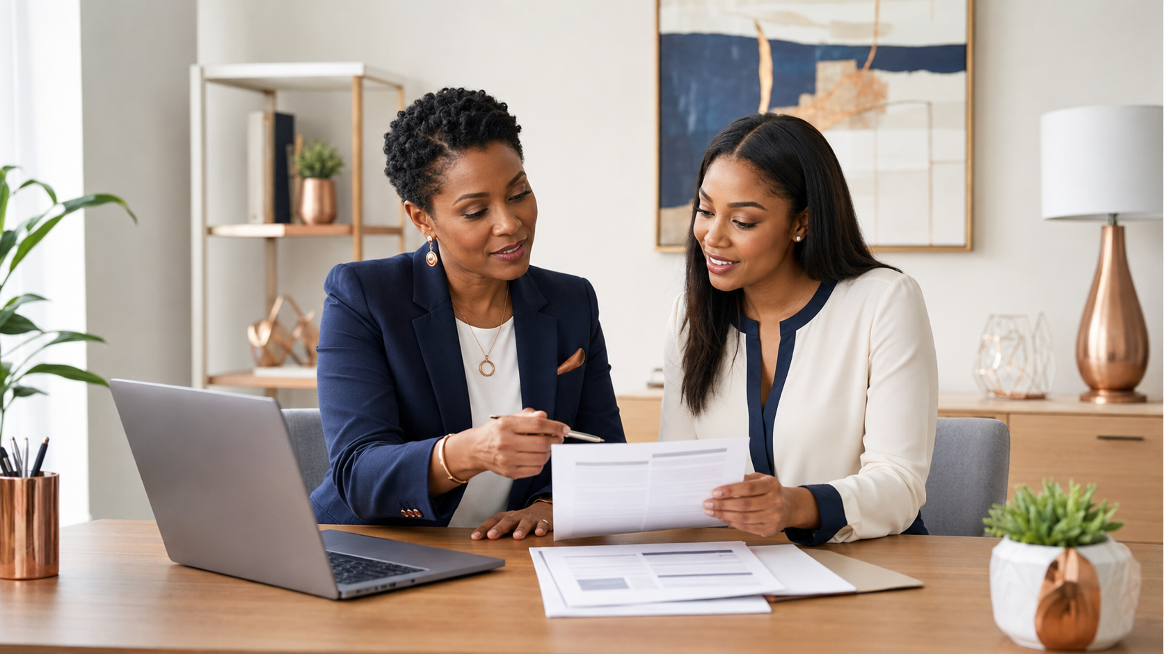 A Black career coach helping a client improve her résumé